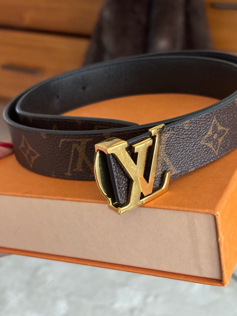 Louis Vuitton Black and Monogram Reversible Belt with Gold LV Buckle - Picture 1 of 6